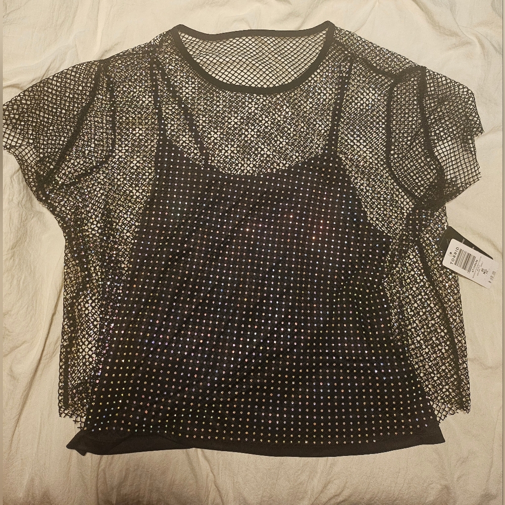 Torrid Rhinestone fun and classy black top NWT twofer mesh style